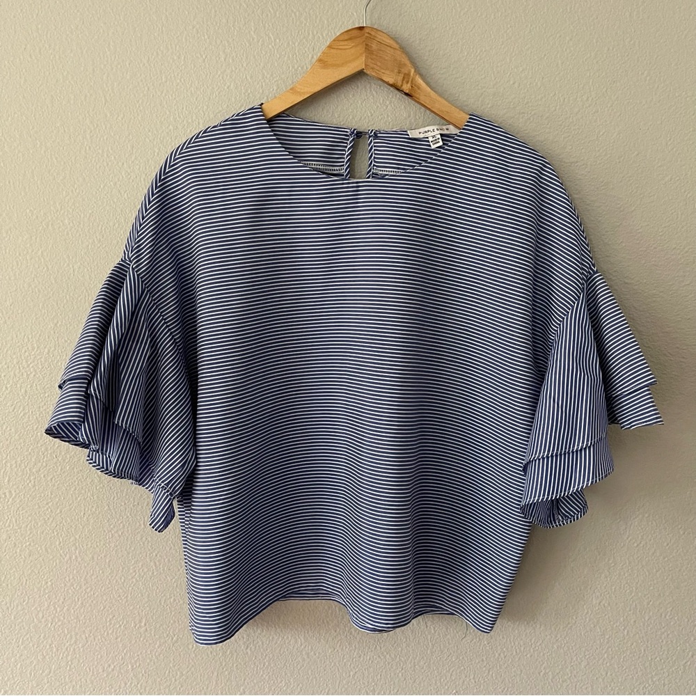 Purple Snow Blue/White Striped Ruffle Boxy Fit Top Size XL